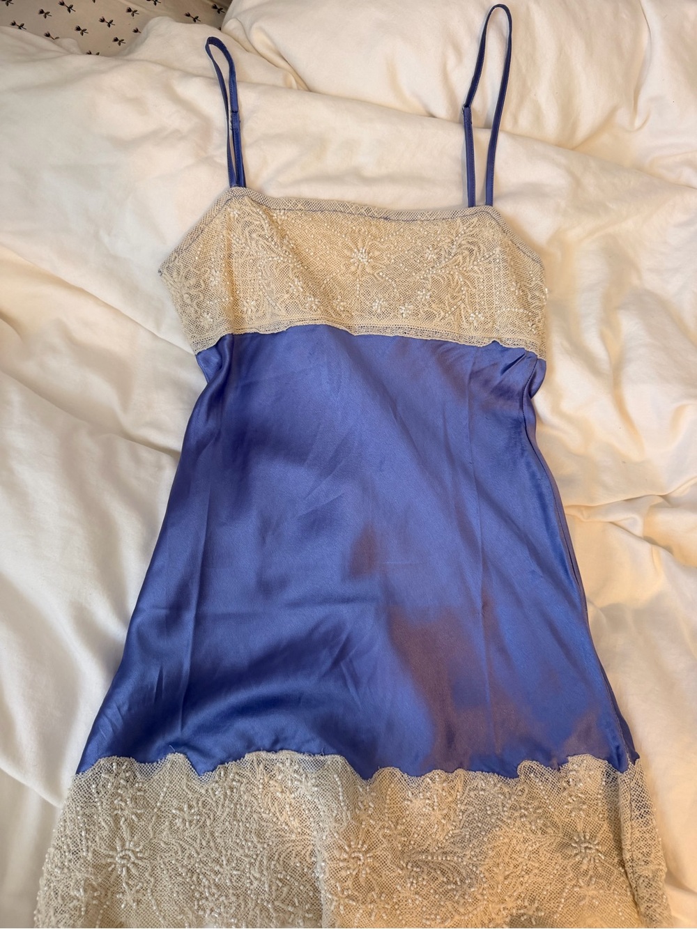 2000’s free people Silky Blue Slip Dress with Ivory Lace Trim